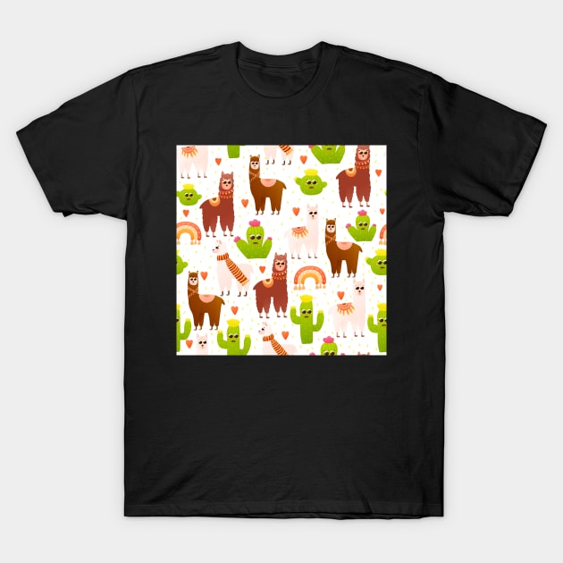 Alpaca and cactus seamless pattern T-Shirt by Lozovytska
